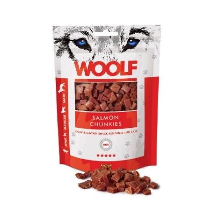 Woolf Salmon Chunkies tréning snack jutalomfalat lazac kockák 100g